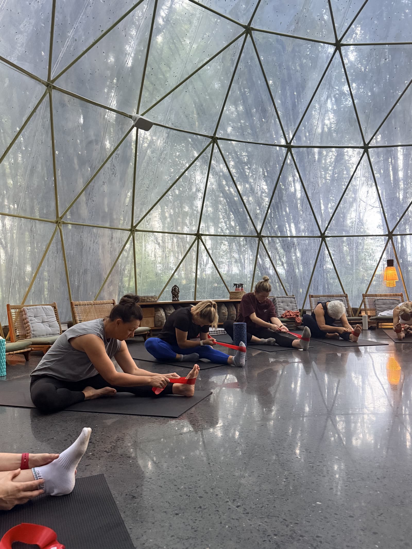 People stretching with straps on mats inside a glass dome